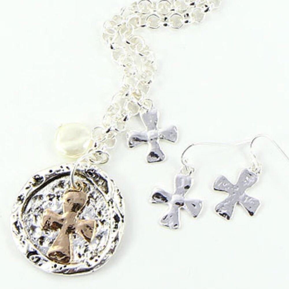 DA Vinci Silver and Gold Tone Cross Fashion Necklace Set with Fishhook Earrings